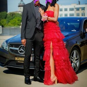 Red ruffle sparkly dress prom dress